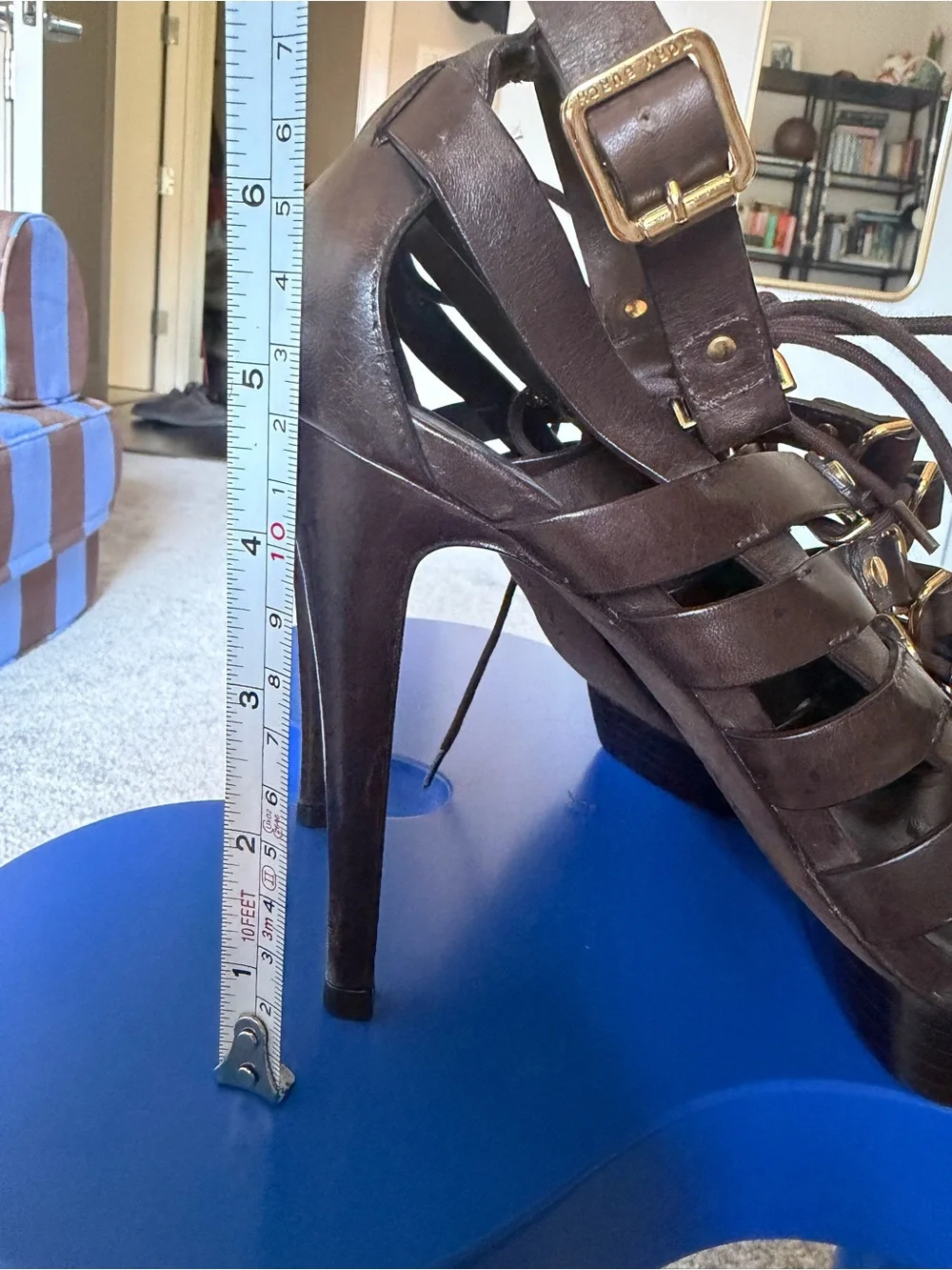 Tory Burch Dark Brown Strappy Gladiator Heels with Gold Accents